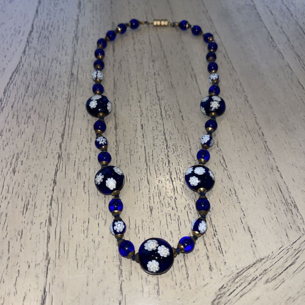 Vintage Venetian Cobalt Blue Hand Painted Glass Bead Necklace 18”L